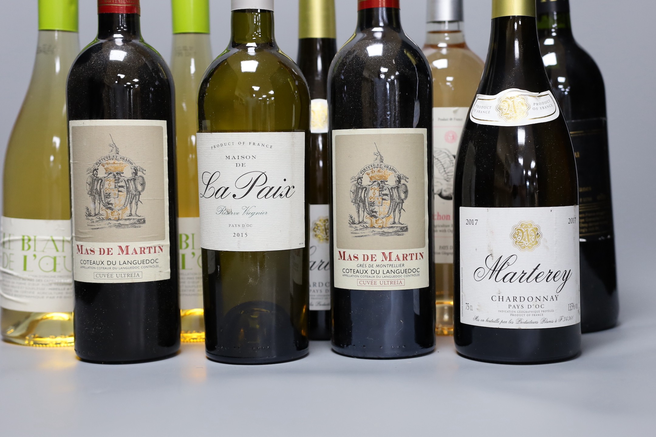 Twelve various bottles of wine including Marterey Chardonnay, Cochon Volont, Mas D Martin etc.
